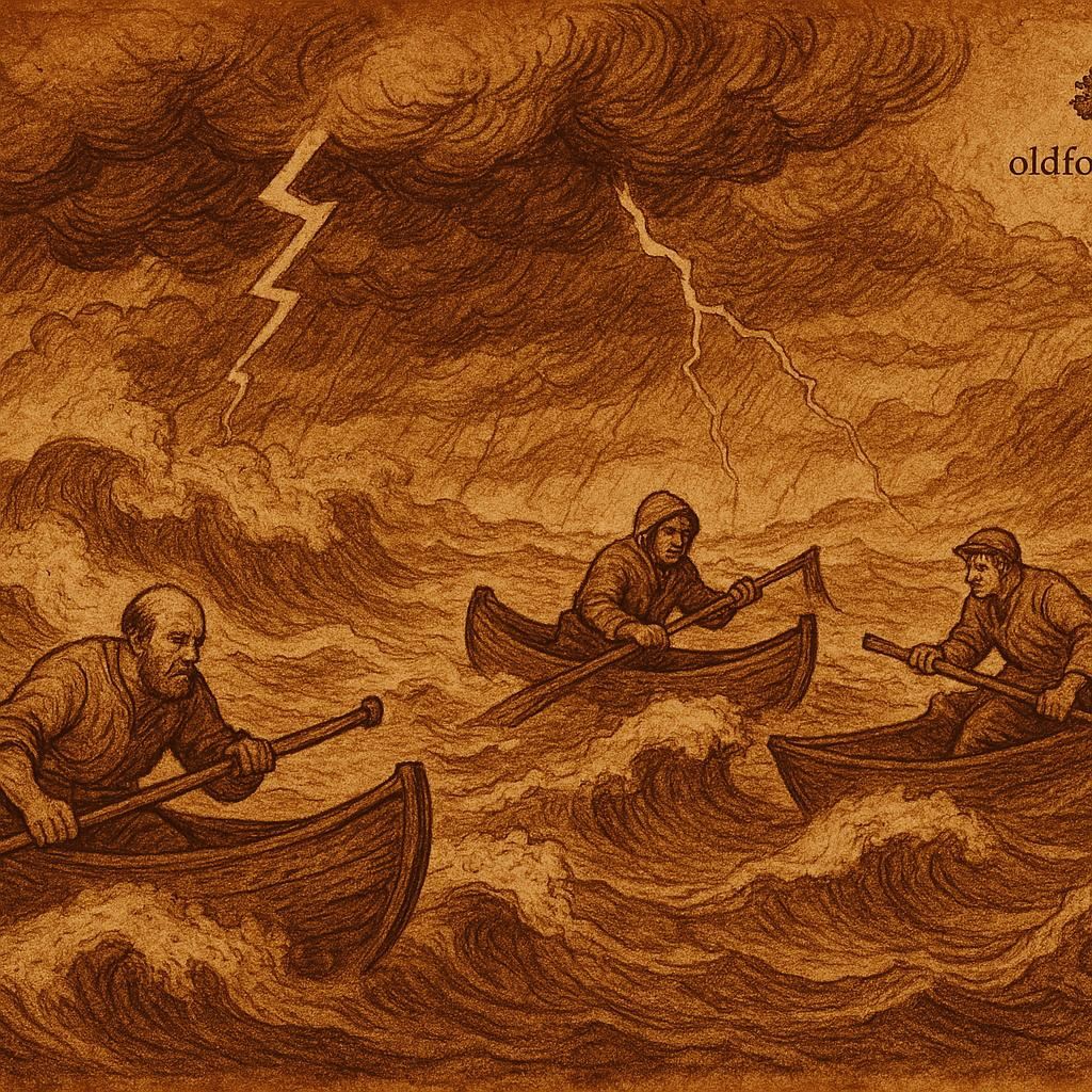 Fishermen in wooden canoes struggling on a stormy lake as strong waves rise around them - Ivorian folktale