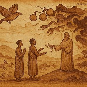 Illustration of Mulonga, Mwinambuzhi, Leza, and Mayimba with the gourds in Kaonde creation myth from Zambia.