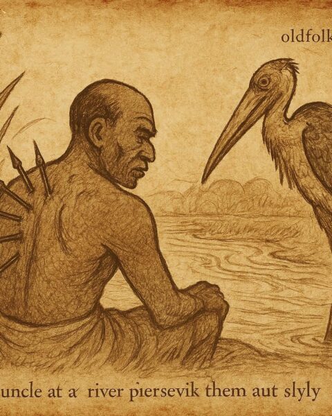 Parchment-style illustration of Achok’s uncle with fish spines, marabou stork helping, Ethiopian Gambela folktale scene.
