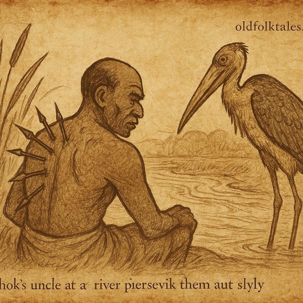 Parchment-style illustration of Achok’s uncle with fish spines, marabou stork helping, Ethiopian Gambela folktale scene.