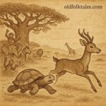 Tortoise and Deer racing on an African plain while animals cheer near a baobab tree - Benga folktale
