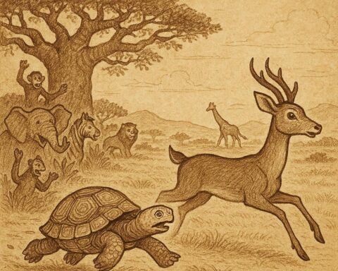Tortoise and Deer racing on an African plain while animals cheer near a baobab tree - Benga folktale
