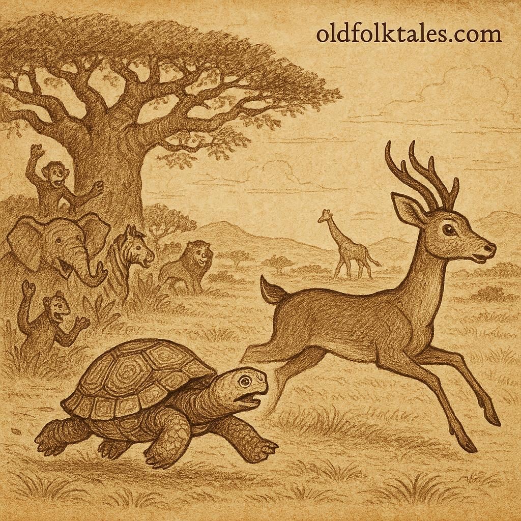 Tortoise and Deer racing on an African plain while animals cheer near a baobab tree - Benga folktale