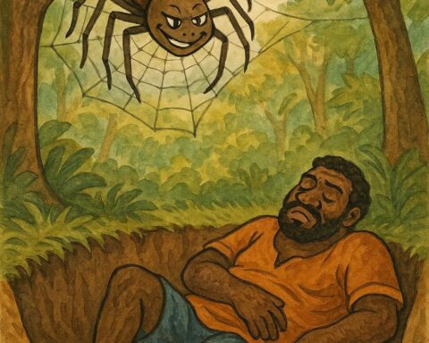 A lazy man trapped in a forest pit while Spider looks down with a cunning smile - Gabonese folktale