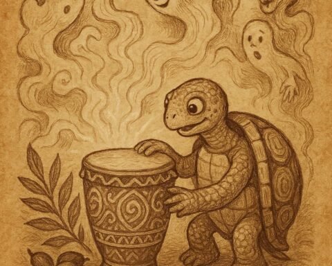 a tortoise with a magical drum in the spirit world, surrounded by spirits and palm kernels