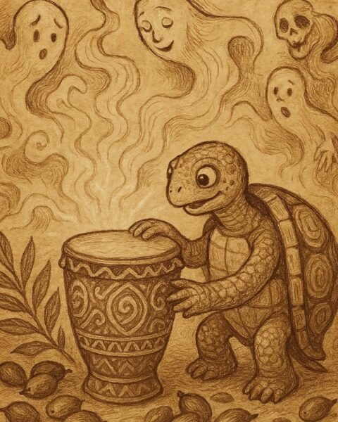 a tortoise with a magical drum in the spirit world, surrounded by spirits and palm kernels