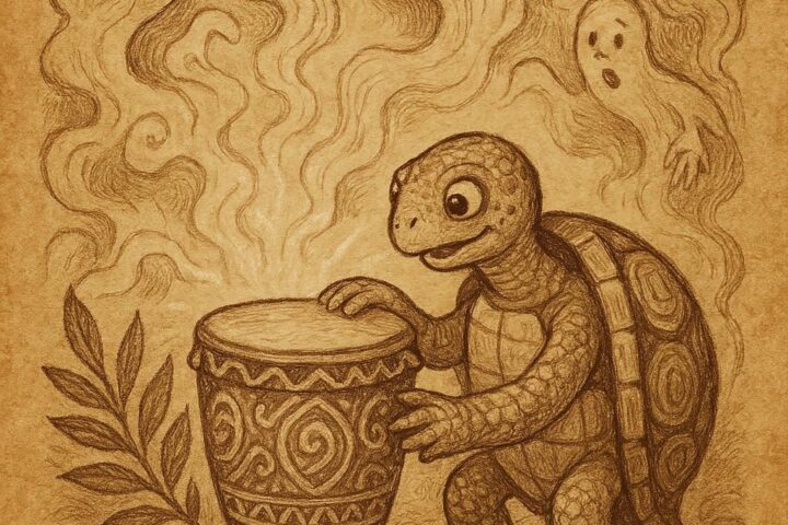 a tortoise with a magical drum in the spirit world, surrounded by spirits and palm kernels