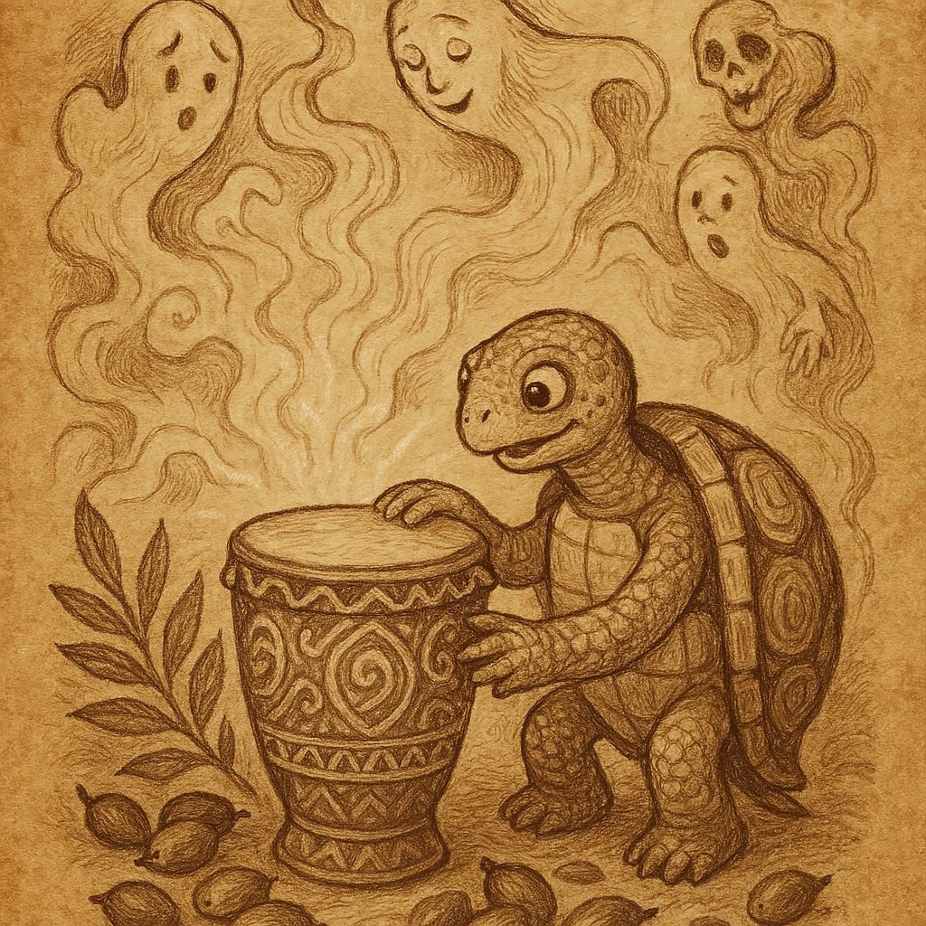 a tortoise with a magical drum in the spirit world, surrounded by spirits and palm kernels