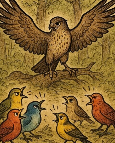 birds quarreling in the forest as Hawk spreads his wings to restore peace - Gabonese folktale