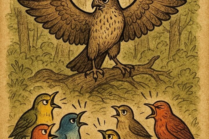 birds quarreling in the forest as Hawk spreads his wings to restore peace - Gabonese folktale