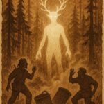 a glowing guardian spirit appearing in the misty forests of Silhouette Island as hunters drop their baskets in fear, showing respect for nature.