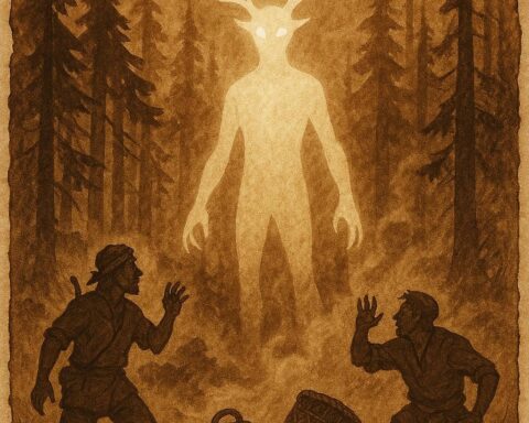 a glowing guardian spirit appearing in the misty forests of Silhouette Island as hunters drop their baskets in fear, showing respect for nature.