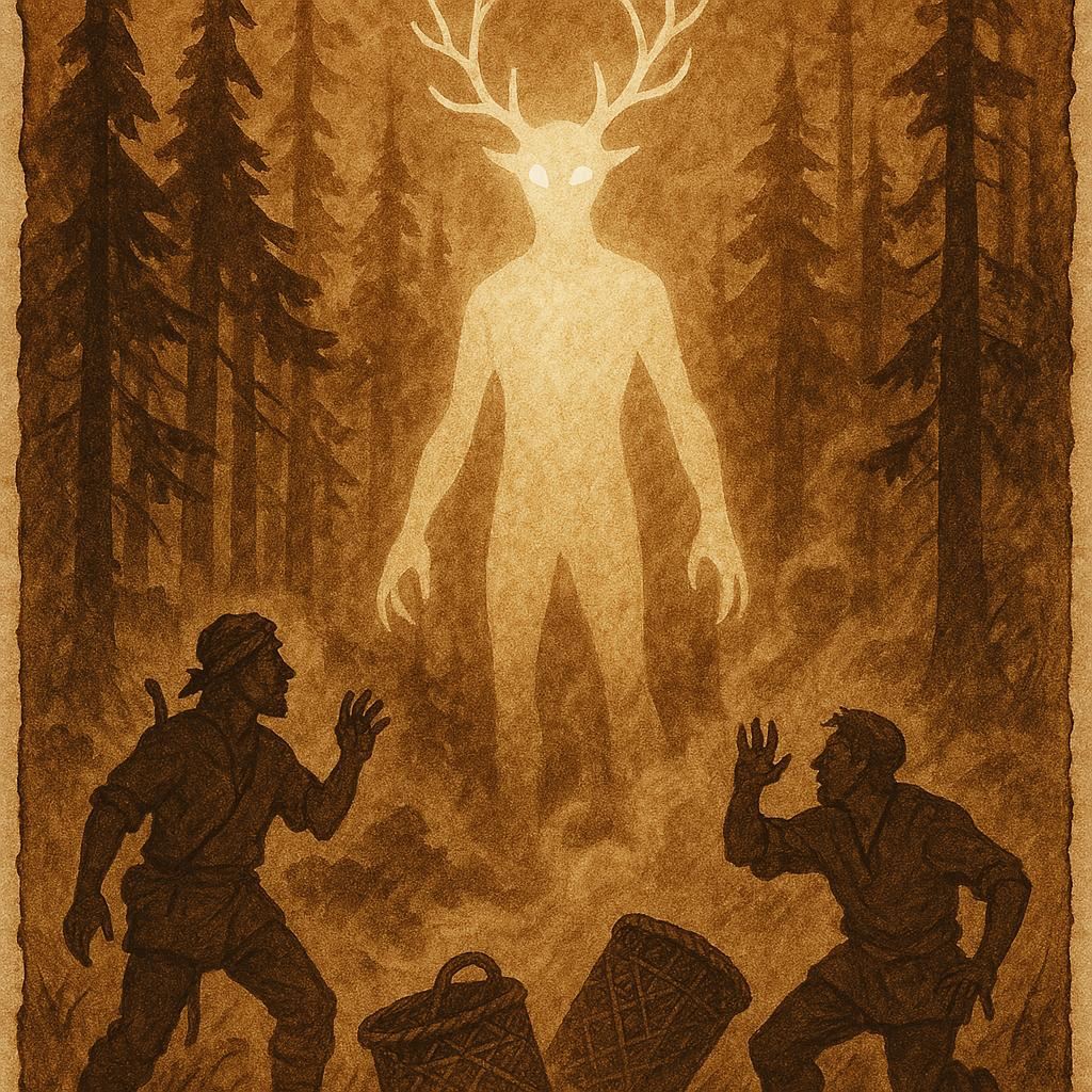 a glowing guardian spirit appearing in the misty forests of Silhouette Island as hunters drop their baskets in fear, showing respect for nature.