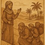 Travelers guided by whispering sand dunes with a young woman leading them - Mauritanian folktale