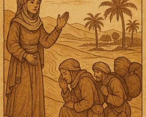Travelers guided by whispering sand dunes with a young woman leading them - Mauritanian folktale