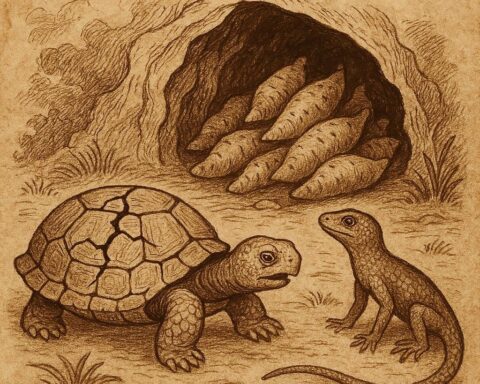 Tortoise with a cracked shell beside Lizard near a hidden yam cave, from a Ghanaian folktale.