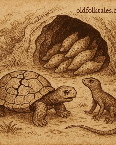 Tortoise with a cracked shell beside Lizard near a hidden yam cave, from a Ghanaian folktale.