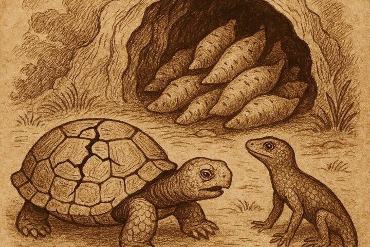 Tortoise with a cracked shell beside Lizard near a hidden yam cave, from a Ghanaian folktale.