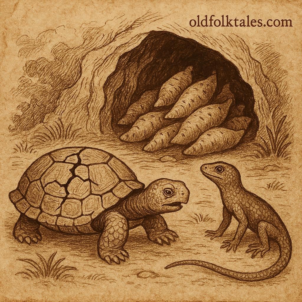 Tortoise with a cracked shell beside Lizard near a hidden yam cave, from a Ghanaian folktale.