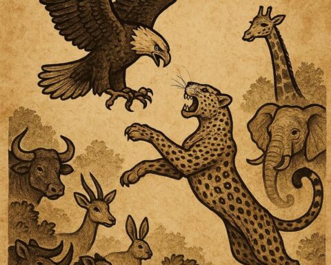 Eagle diving from the sky and Leopard leaping from the ground in a Fang folktale hunting contest - Fang folktale