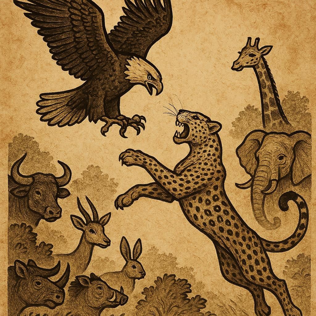 Eagle diving from the sky and Leopard leaping from the ground in a Fang folktale hunting contest - Fang folktale