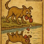 Foolish dog drops meat into a river after mistaking his reflection for another dog in a Tigray Ethiopian folktale
