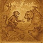 M’Beka the clever monkey outsmarting a large leopard in a dense Fang forest while other forest animals watch – Cameroon folktale
