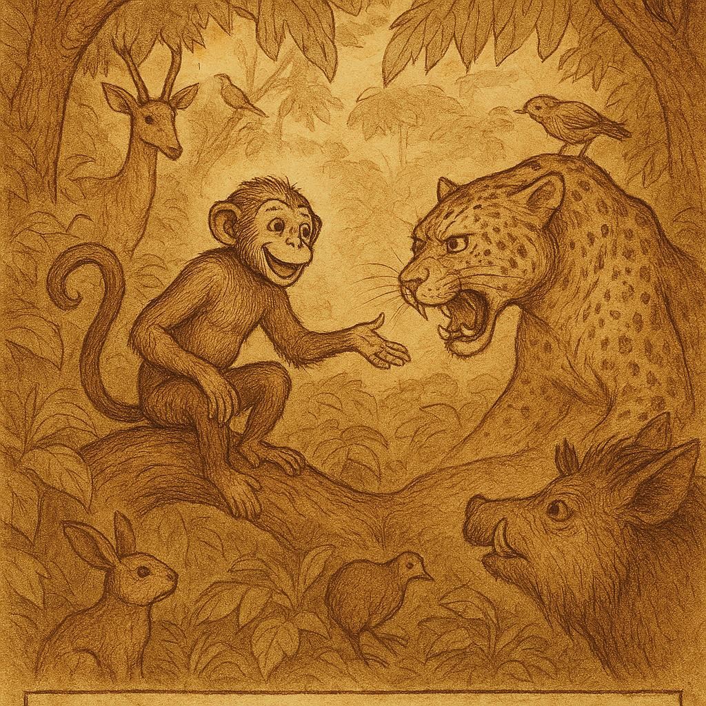M’Beka the clever monkey outsmarting a large leopard in a dense Fang forest while other forest animals watch – Cameroon folktale