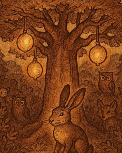 A clever hare standing under a giant baobab tree with glowing fruits, surrounded by forest creatures - Burkinabe folktale