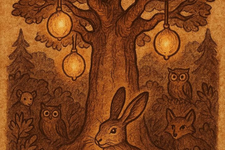 A clever hare standing under a giant baobab tree with glowing fruits, surrounded by forest creatures - Burkinabe folktale