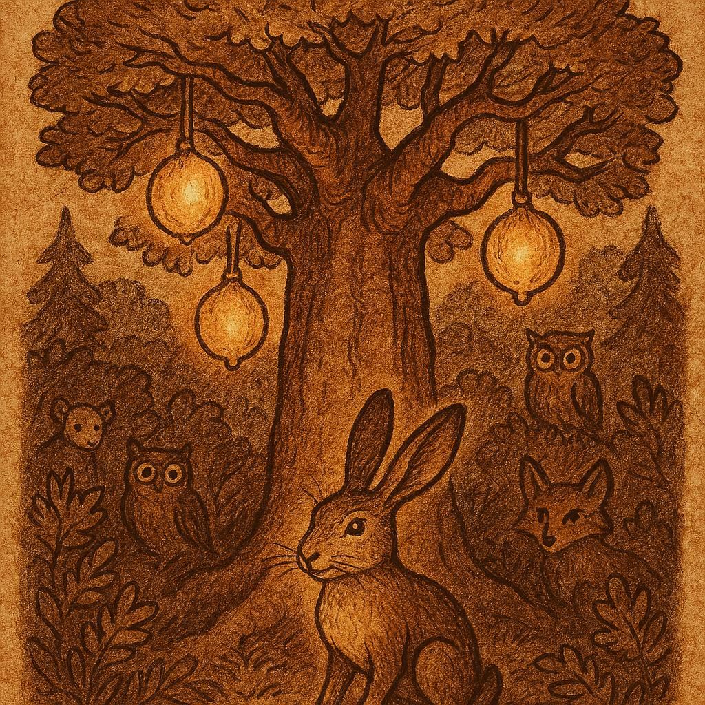 A clever hare standing under a giant baobab tree with glowing fruits, surrounded by forest creatures - Burkinabe folktale
