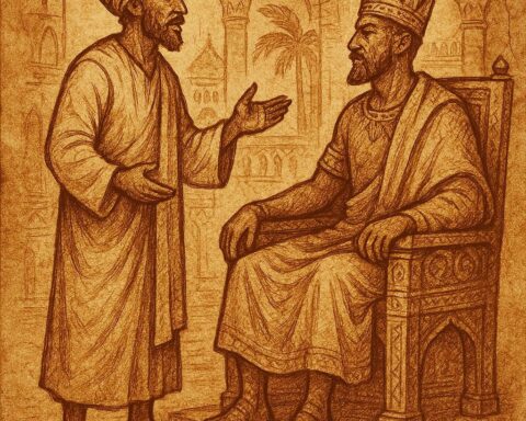 The wise man from the Kenya folktale The Man Who Never Lied, speaking truth before the king in an African palace.