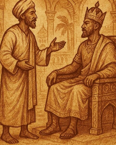The wise man from the Kenya folktale The Man Who Never Lied, speaking truth before the king in an African palace.