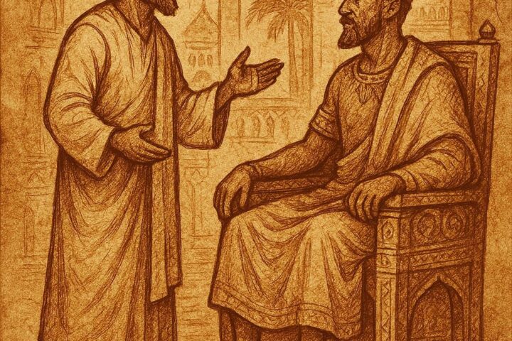 The wise man from the Kenya folktale The Man Who Never Lied, speaking truth before the king in an African palace.