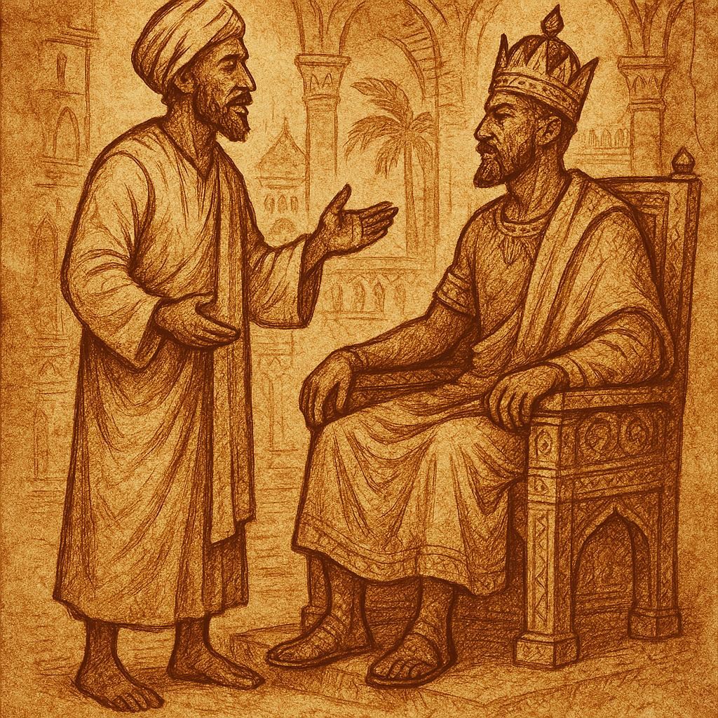 The wise man from the Kenya folktale The Man Who Never Lied, speaking truth before the king in an African palace.