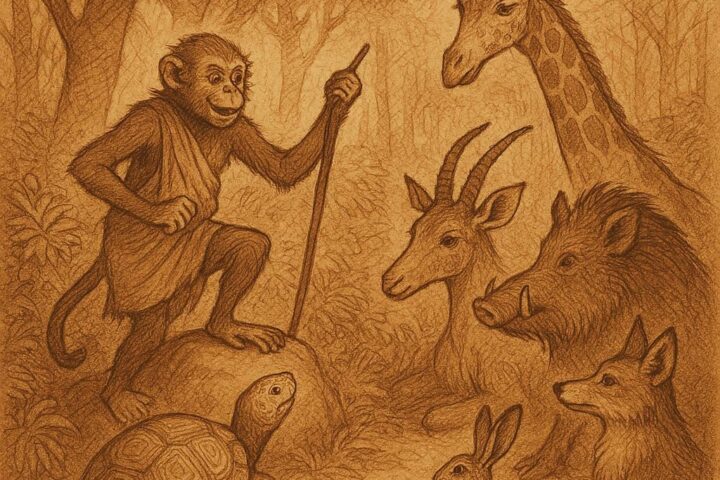 Clever monkey M’Beka guiding forest animals to resolve a tortoise inheritance dispute in a dense Fang forest – Cameroon folktale