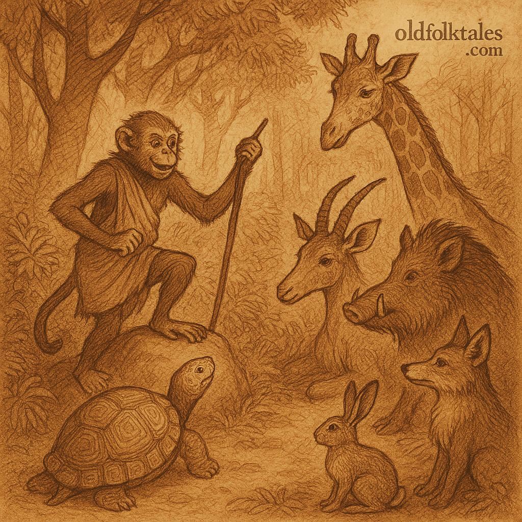 Clever monkey M’Beka guiding forest animals to resolve a tortoise inheritance dispute in a dense Fang forest – Cameroon folktale