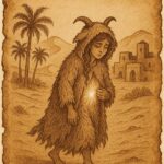 Poor girl wearing a goat’s skin in a Libyan desert village, her hidden beauty faintly glowing