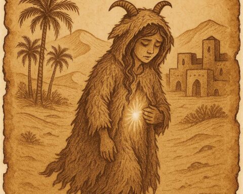 Poor girl wearing a goat’s skin in a Libyan desert village, her hidden beauty faintly glowing