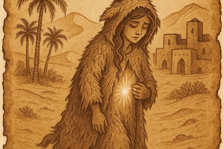Poor girl wearing a goat’s skin in a Libyan desert village, her hidden beauty faintly glowing