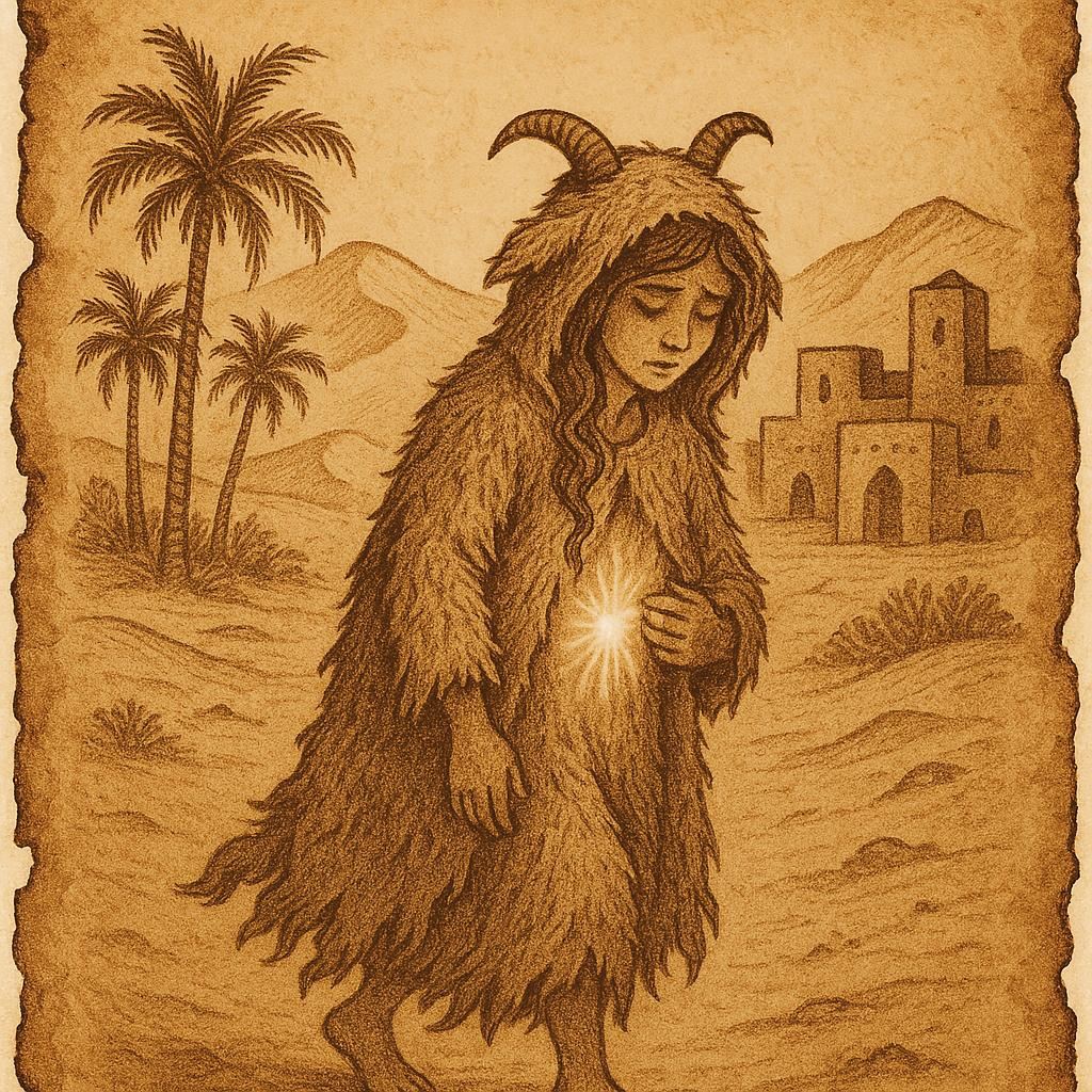 Poor girl wearing a goat’s skin in a Libyan desert village, her hidden beauty faintly glowing