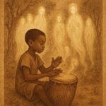 A young Senufo boy plays a sacred drum in a forest clearing while spirits watch over him - Ivorian folktale