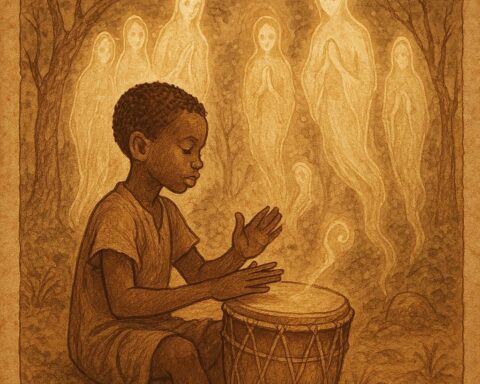 A young Senufo boy plays a sacred drum in a forest clearing while spirits watch over him - Ivorian folktale