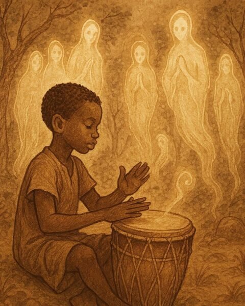 A young Senufo boy plays a sacred drum in a forest clearing while spirits watch over him - Ivorian folktale