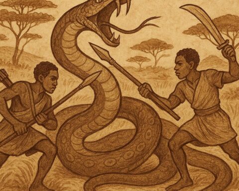 twin hunters battling a giant serpent in the Malian savannah Mali folktale