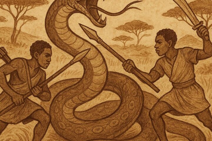 twin hunters battling a giant serpent in the Malian savannah Mali folktale