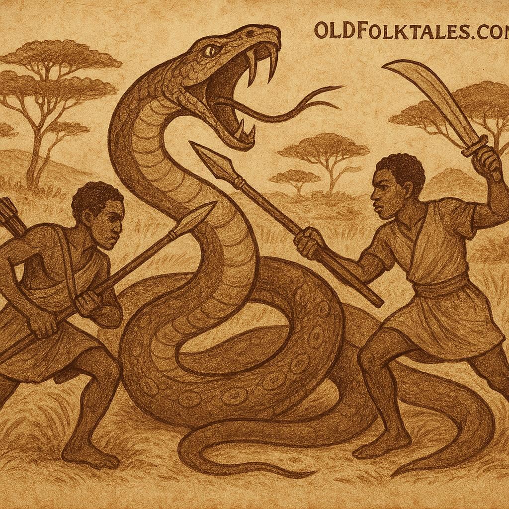 twin hunters battling a giant serpent in the Malian savannah Mali folktale