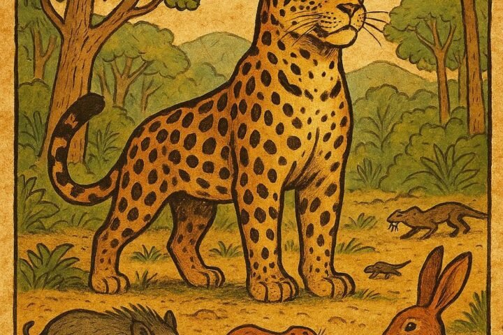 Leopard standing proudly in a Gabonese forest clearing as smaller animals gather with their prey - Gabonese folktale