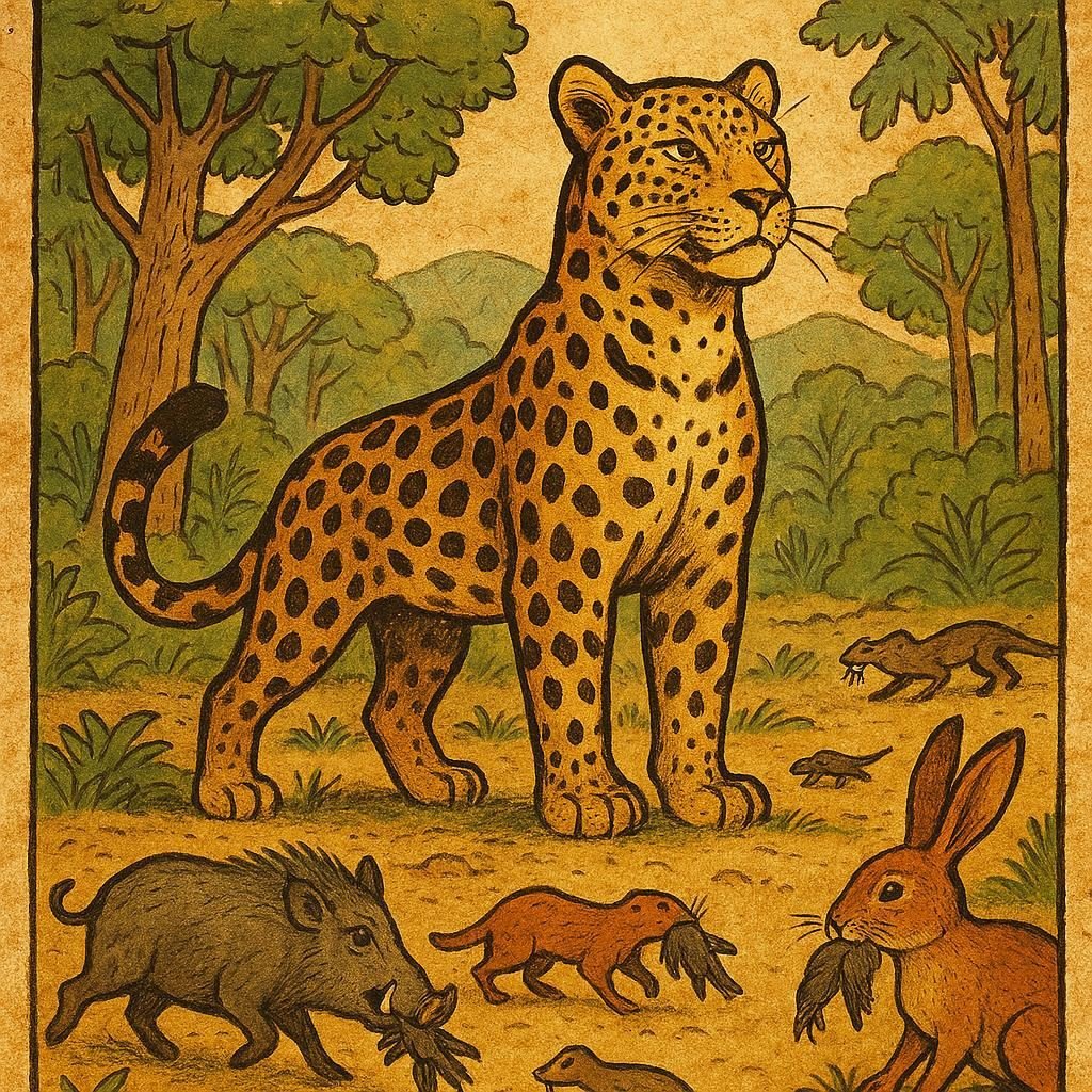 Leopard standing proudly in a Gabonese forest clearing as smaller animals gather with their prey - Gabonese folktale
