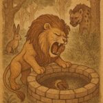 A lion roaring into a forest well at his reflection while a hare watches cleverly and a hyena stands nearby – Guinean folktale